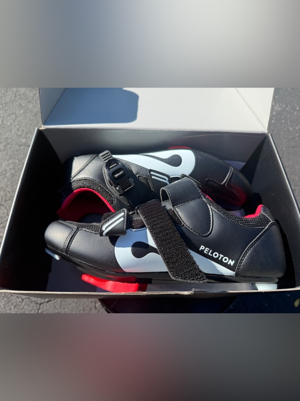 Peloton Black and White Kids Cycling Sneakers with Red Accents